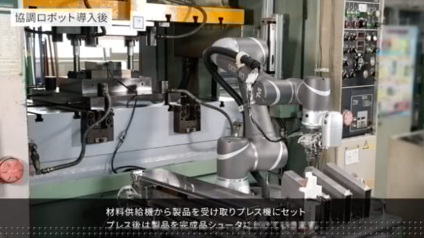 实现危险单调的产品放置和成品下料作业的自动化。从人工作业中解放出来，实现产量稳定化